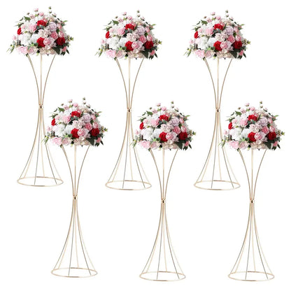 Six gold trumpet vase stands by Decorbites with pink, red, and white rose bouquets on Tampa Home & Garden Store