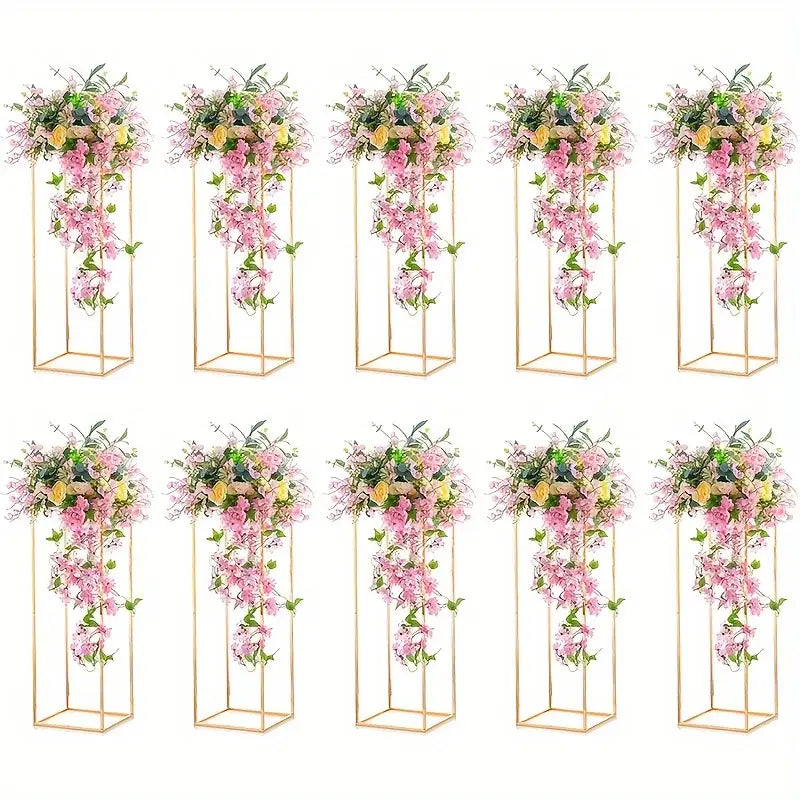 Gold metal flower stand vase with pink blooms, set of ten on Tampa Home & Garden Store