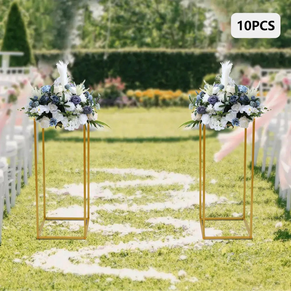 Gold metal flower stands set of 10, 23-inch tall with white and blue blooms, Decorbites on Tampa Home & Garden Store