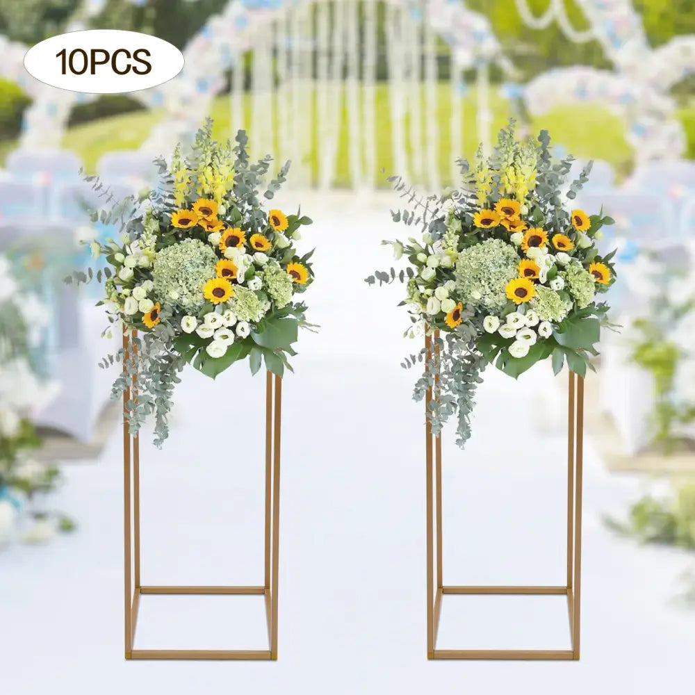Two gold metal flower stands with sunflowers and white florals, 23-inch Decorbites set of 10 on Tampa Home & Garden Store