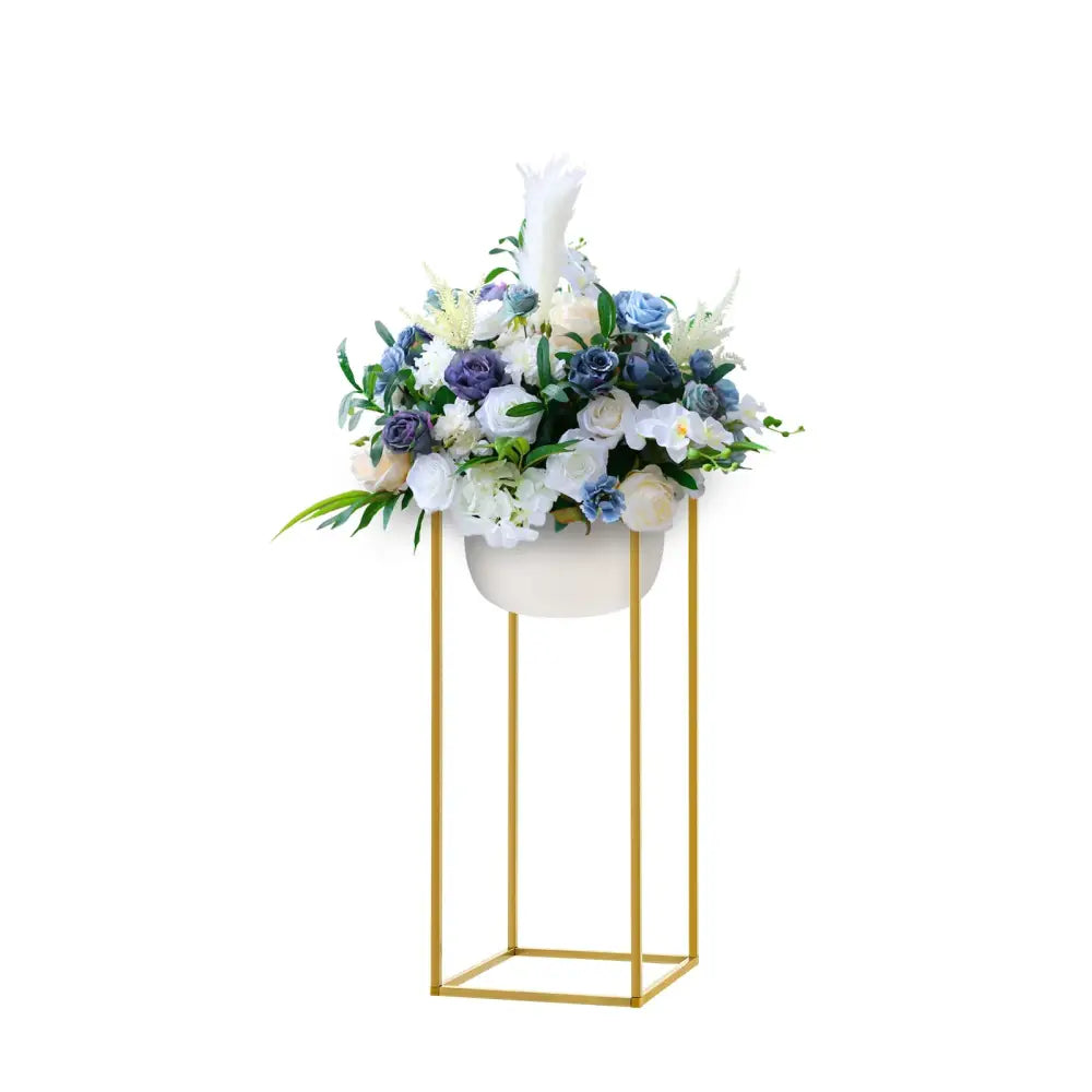 Gold metal flower stand with white bowl and blue-white bouquet, 23-inch Decorbites set of 10 on Tampa Home & Garden Store