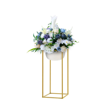 Gold metal flower stand with white bowl and blue-white bouquet, 23-inch Decorbites set of 10 on Tampa Home & Garden Store