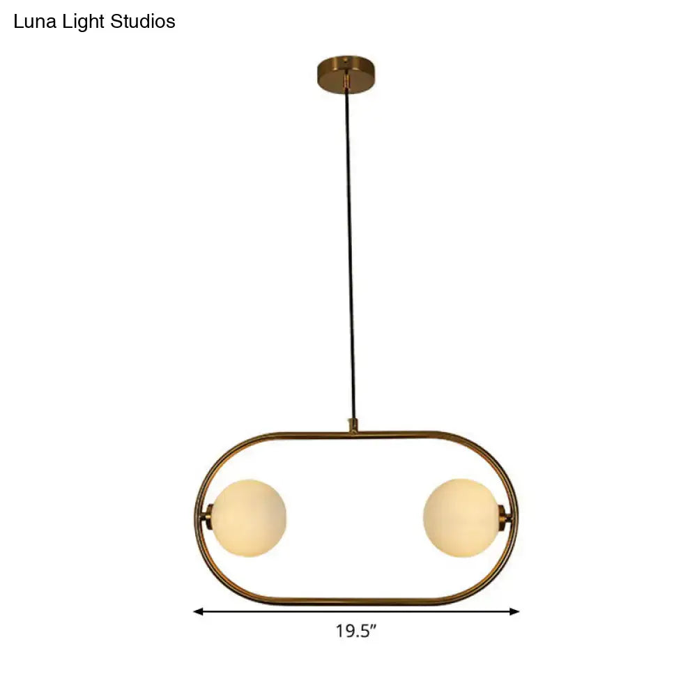 Gold Globe Hanging Chandelier, oval frame with two frosted globes, 19.5in span Decorbites on Tampa Home & Garden Store