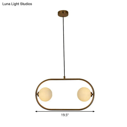 Gold Globe Hanging Chandelier, oval frame with two frosted globes, 19.5in span Decorbites on Tampa Home & Garden Store