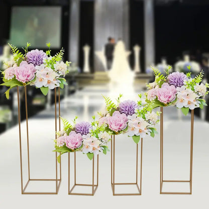 Gold wedding vase stand set; four gold metal frames with pink, white, lavender blooms Decorbites on Tampa Home & Garden Store