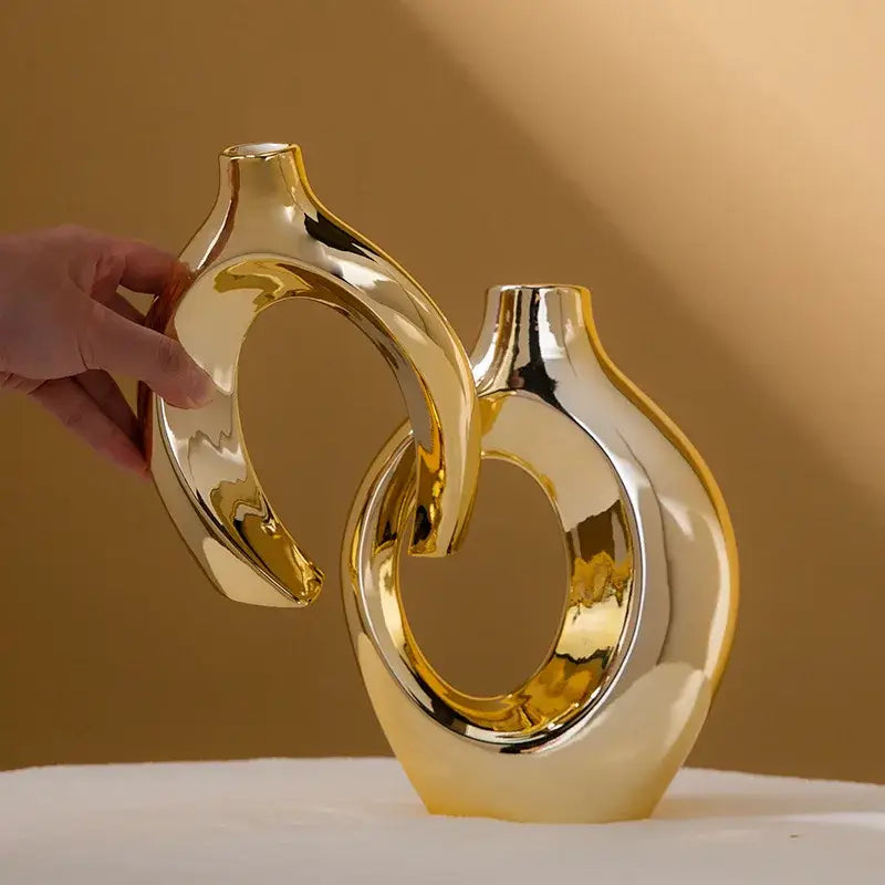 Decorbites golden ceramic flower vases, abstract hollow ring design, shiny finish, 2 vases on Tampa Home & Garden Store