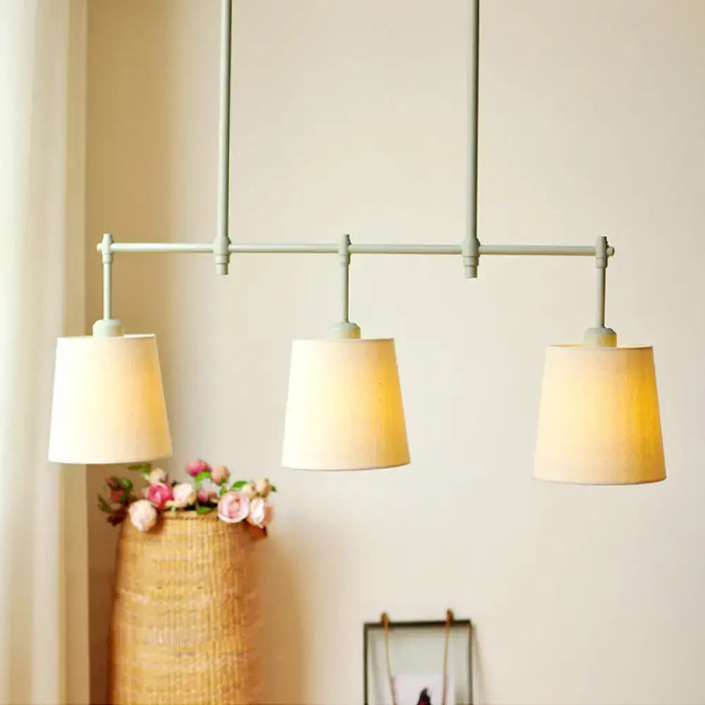 Beige Gray Ceiling Light fixture with 3 beige fabric shades on white bar Decorbites on Tampa Home & Garden Store