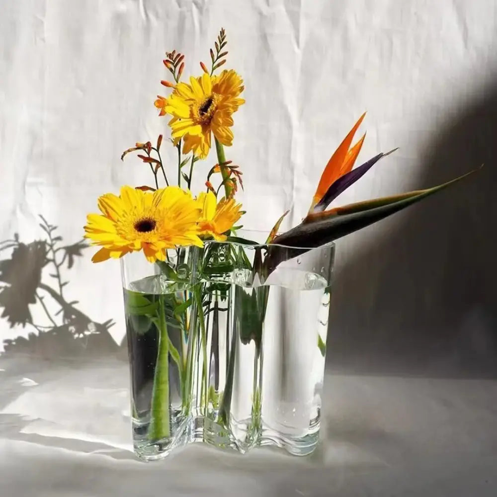Emerald Glass Wavy Vase by Decorbites, clear glass triple-section vase with yellow sunflowers on Tampa Home & Garden Store