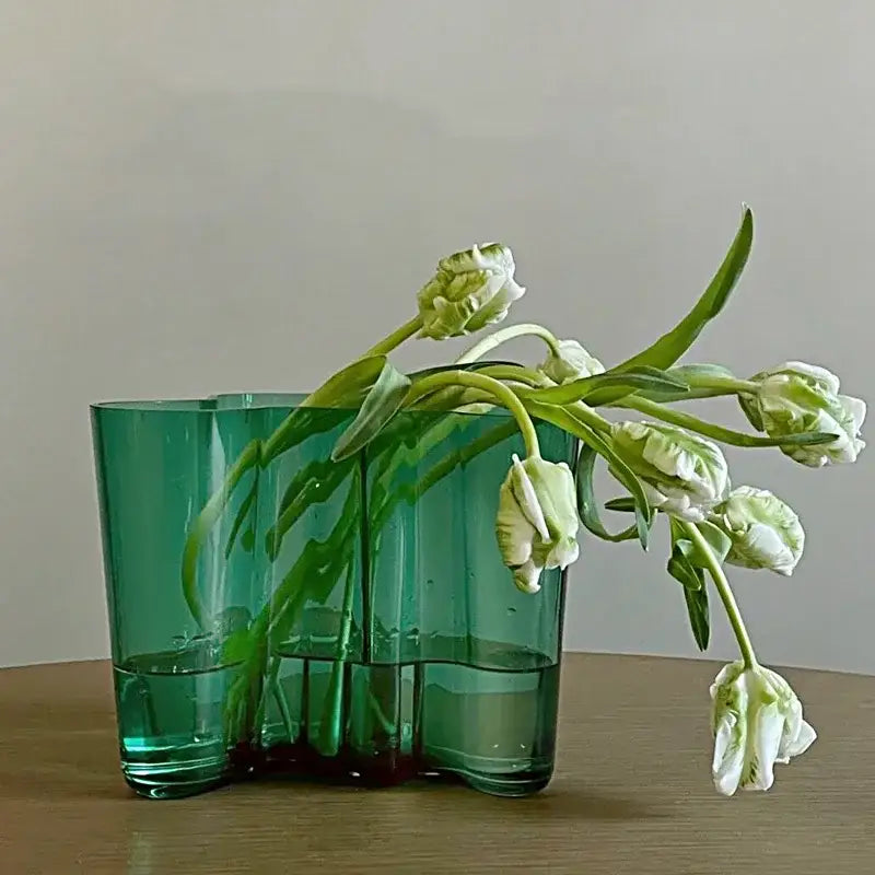Emerald Glass Wavy Vase Decorbites, green multi-panel glass with white tulips on Tampa Home & Garden Store