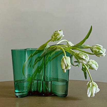 Emerald Glass Wavy Vase Decorbites, green multi-panel glass with white tulips on Tampa Home & Garden Store