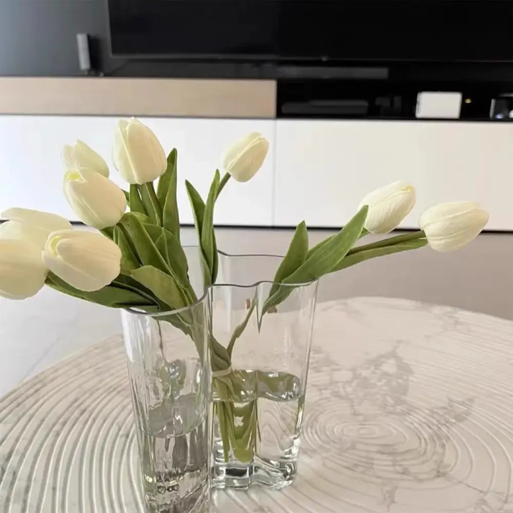 Emerald Glass Wavy Vase trio by Decorbites with white tulips in water on Tampa Home & Garden Store