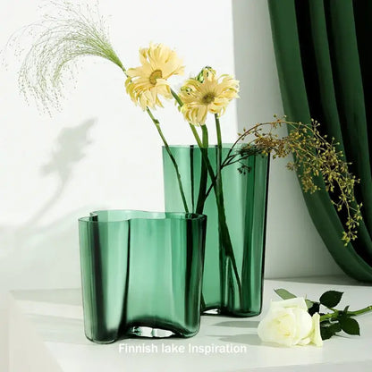 Emerald Glass Wavy Vase set of 2 by Decorbites; tall and short green glass vases on Tampa Home & Garden Store