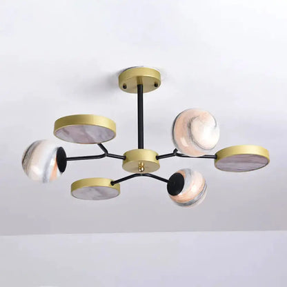 Modern handblown glass gold chandelier with marble globe shades and black arms living pendant on Tampa Home & Garden Store