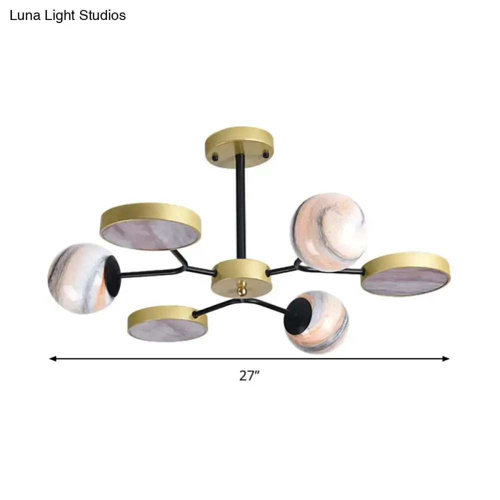 Modern hand blown glass gold chandelier 6-light pendant with round marble globes 27in wide on Tampa Home & Garden Store