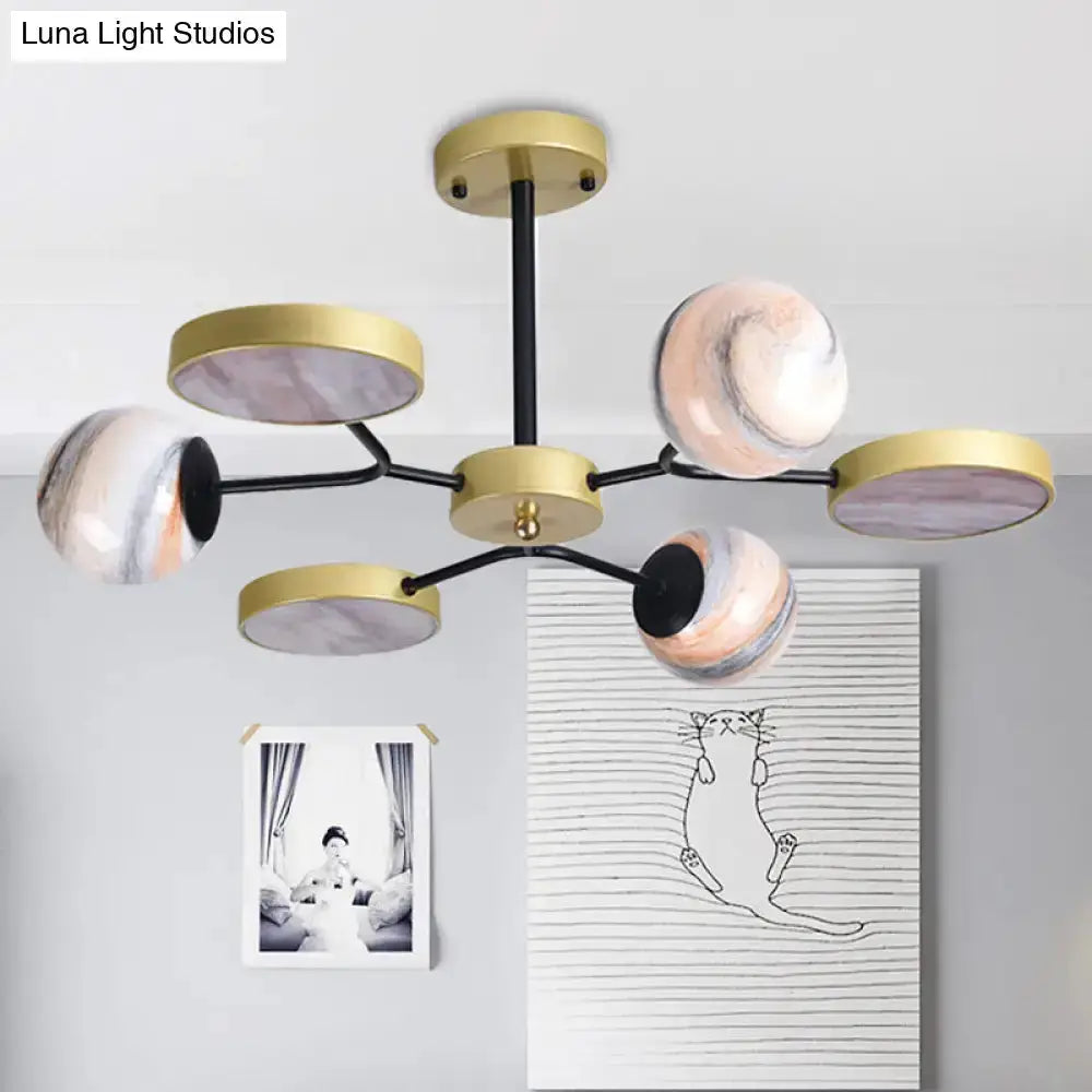 Decorbites modern hand blown glass gold chandelier with six pink marbled disc shades on Tampa Home & Garden Store