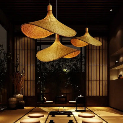 Bamboo Chinese Pendant Light Decorbites natural woven bamboo, warm amber glow, 3 pendants on Tampa Home & Garden Store