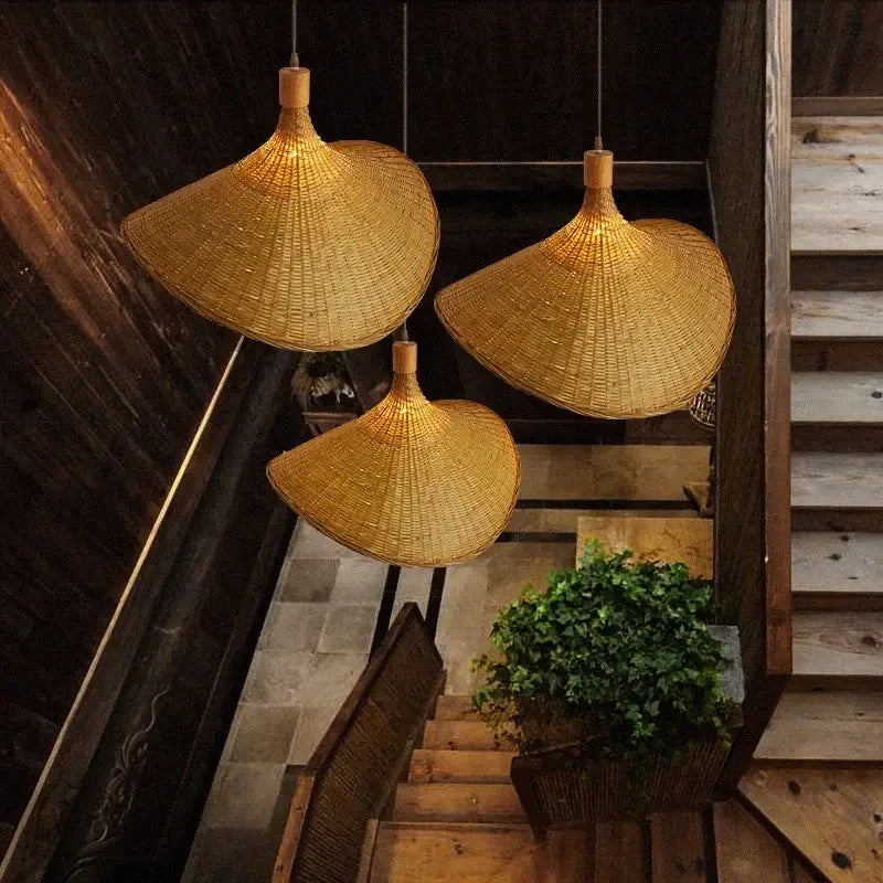 Bamboo Chinese Pendant Lights, three woven conical shades suspended at heights, Decorbites on Tampa Home & Garden Store