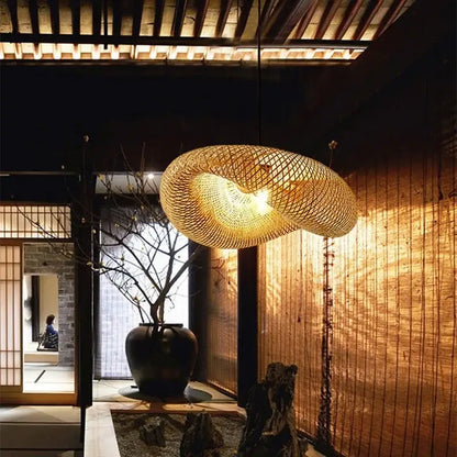 Bamboo Chinese Pendant Light by Decorbites, woven circular bamboo pendant with warm beige glow on Tampa Home & Garden Store