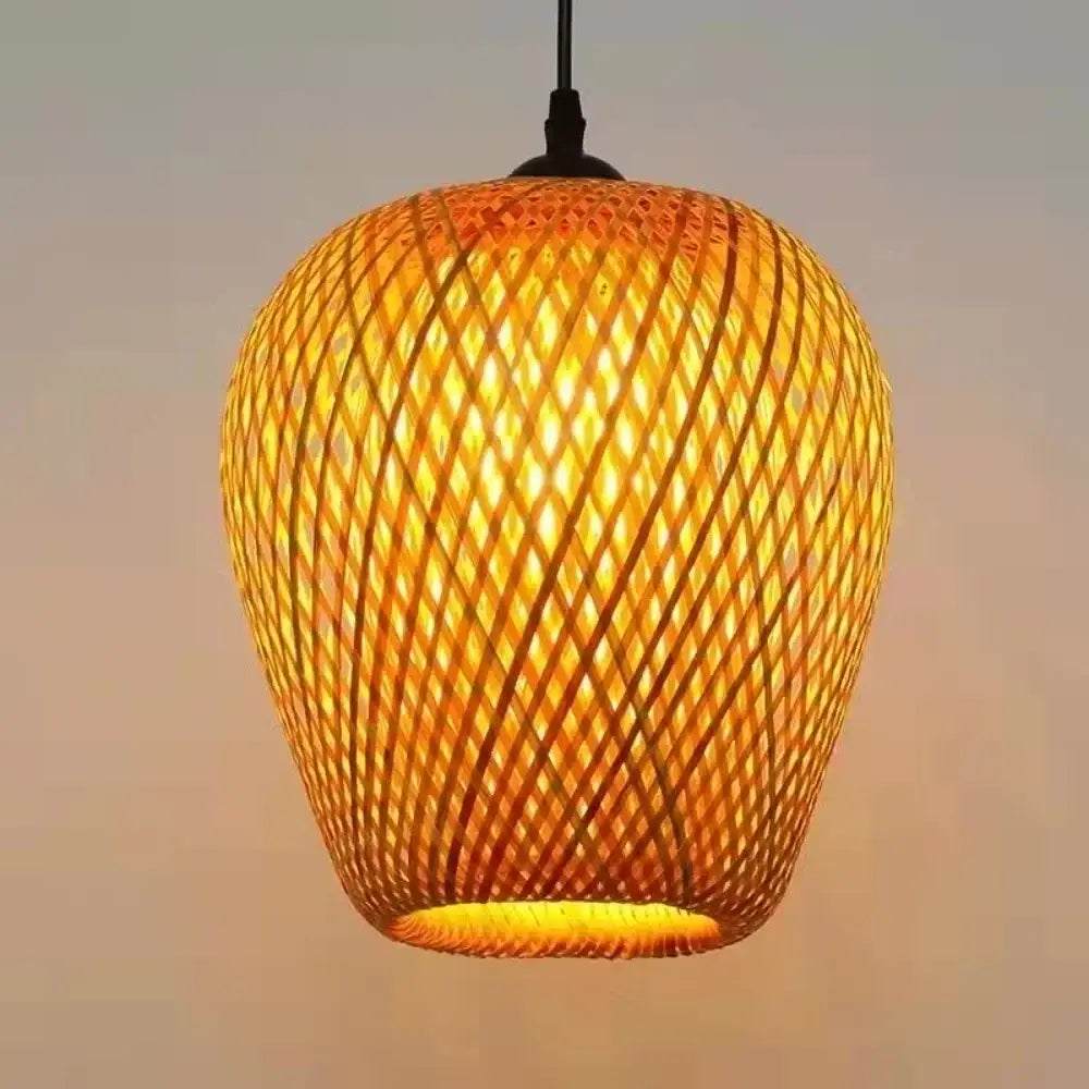 Bamboo Chinese Pendant Light with woven bamboo lattice and warm amber glow pendant lamp on Tampa Home & Garden Store