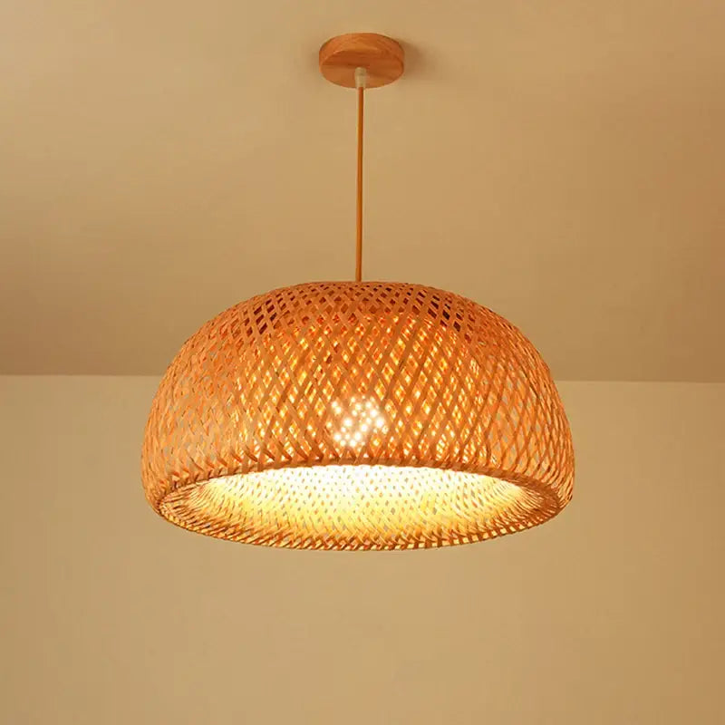 Bamboo Chinese Pendant Light with woven lattice bamboo shade and warm ambient glow on Tampa Home & Garden Store
