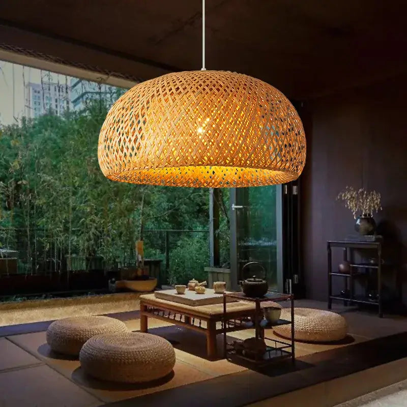Bamboo Chinese Pendant Light with woven lattice shade in natural brown by Decorbites on Tampa Home & Garden Store