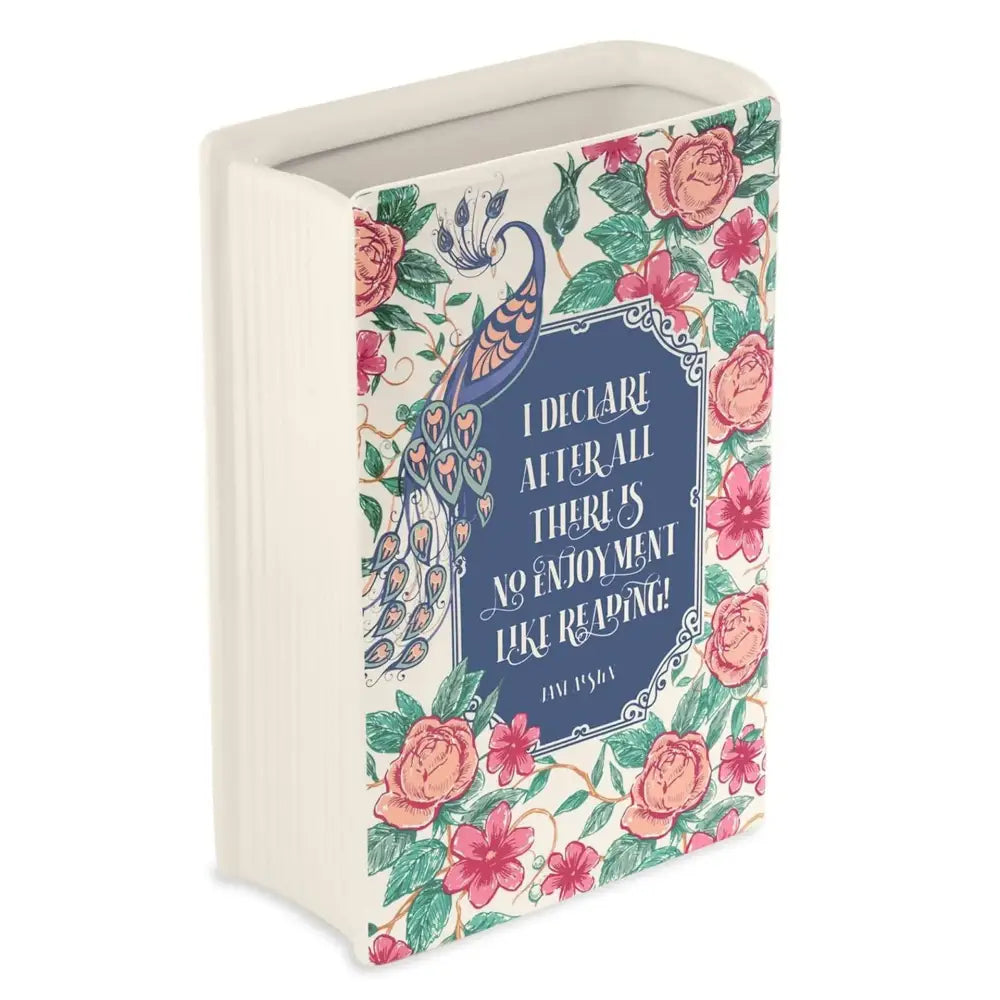 Navy ceramic book vase by Decorbites with floral cover and book-page edges on Tampa Home & Garden Store
