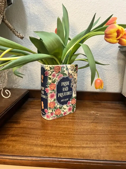 Navy ceramic book vase with floral wrap and Pride and Prejudice panel, orange tulips on Tampa Home & Garden Store