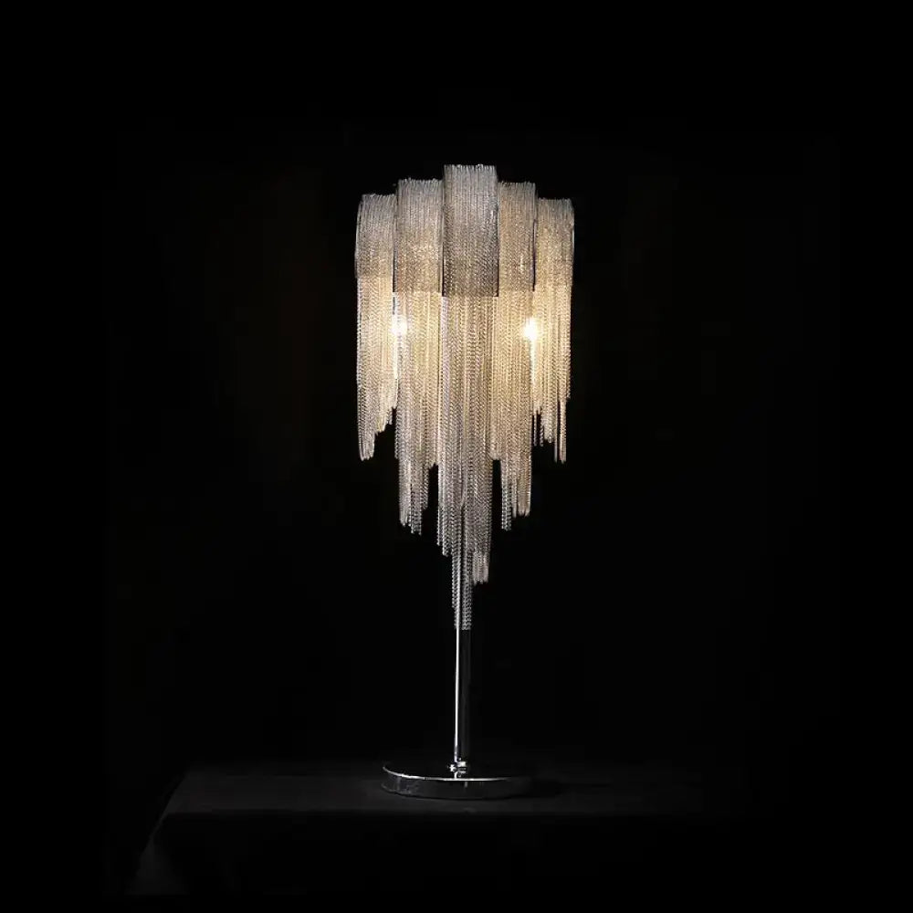 Decorbites Silver Chain Tassel Lamp with cascading chains on chrome floor lamp base on Tampa Home & Garden Store