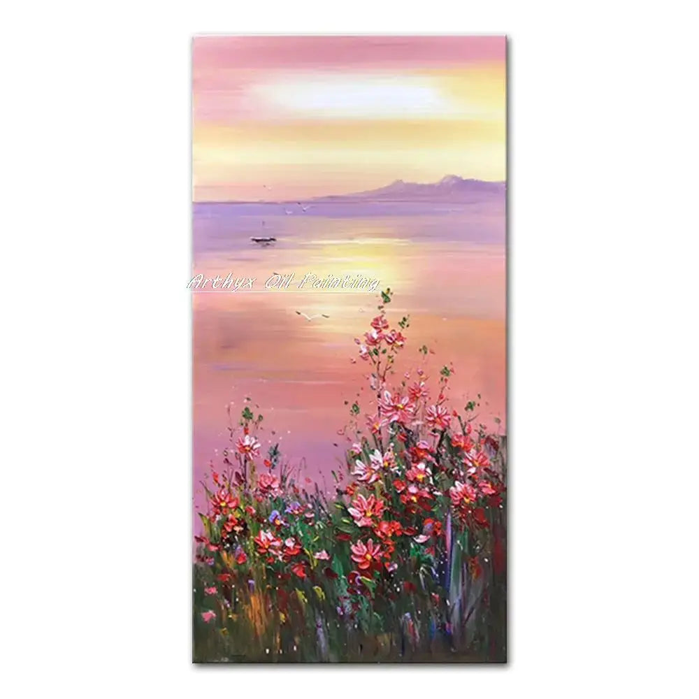 Vibrant autumn city landscape oil painting poster with pink sunset over water and flowers on Tampa Home & Garden Store
