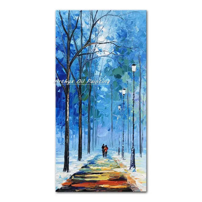 Autumn city landscape oil painting poster by Decorbites, blue street with lampposts and couple on Tampa Home & Garden Store