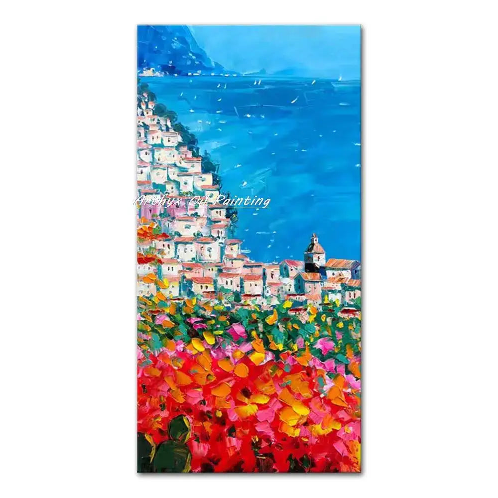 Vibrant autumn city landscape oil painting poster of a colorful hillside town by blue sea on Tampa Home & Garden Store
