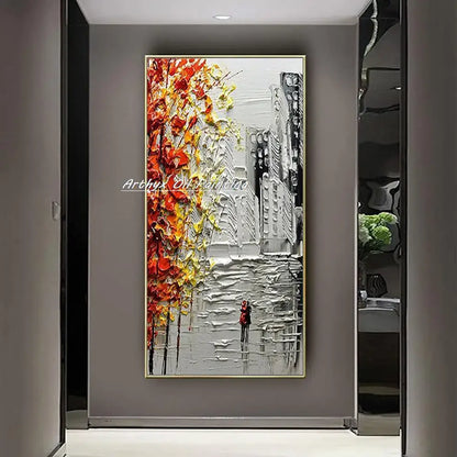 Poster Vibrant autumn city landscape oil painting with gold frame by Decorbites on Tampa Home & Garden Store