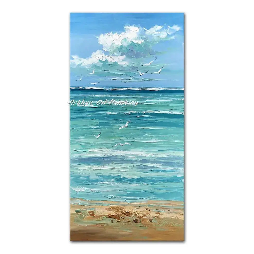 Vibrant autumn city landscape oil painting poster blue ocean with waves and sandy shore on Tampa Home & Garden Store