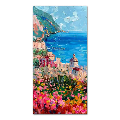 Vibrant autumn city landscape oil painting poster by Decorbites, colorful town scene on Tampa Home & Garden Store