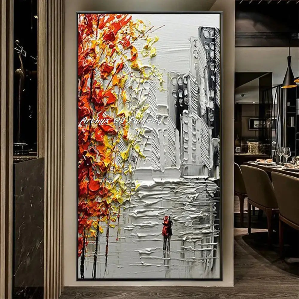 Vibrant autumn landscape oil painting poster with colorful left leaves and grayscale skyline on Tampa Home & Garden Store