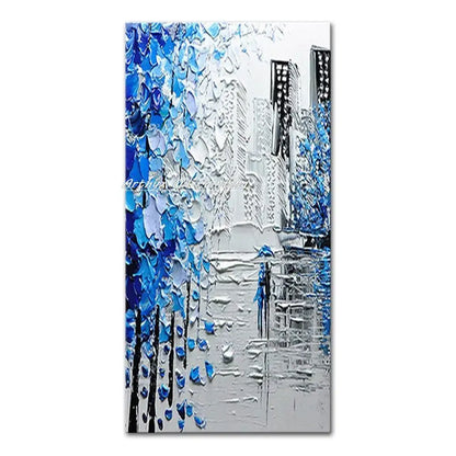 Vibrant autumn city landscape poster Decorbites blue urban street scene living room wall art on Tampa Home & Garden Store