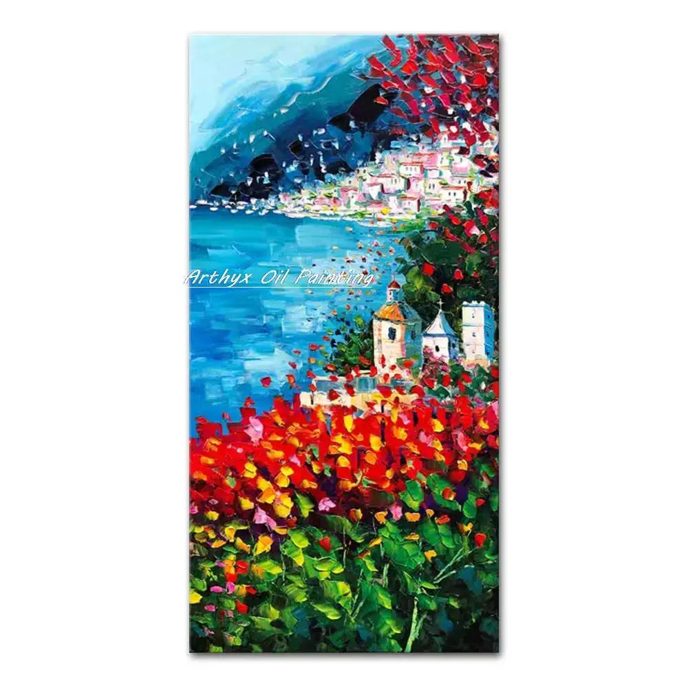 Vibrant autumn city landscape oil painting poster with blue water and colorful rooftops on Tampa Home & Garden Store