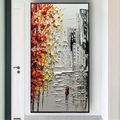 Poster Vibrant autumn city landscape oil painting; leaves left grayscale city right by Decorbites on Tampa Home & Garden Store