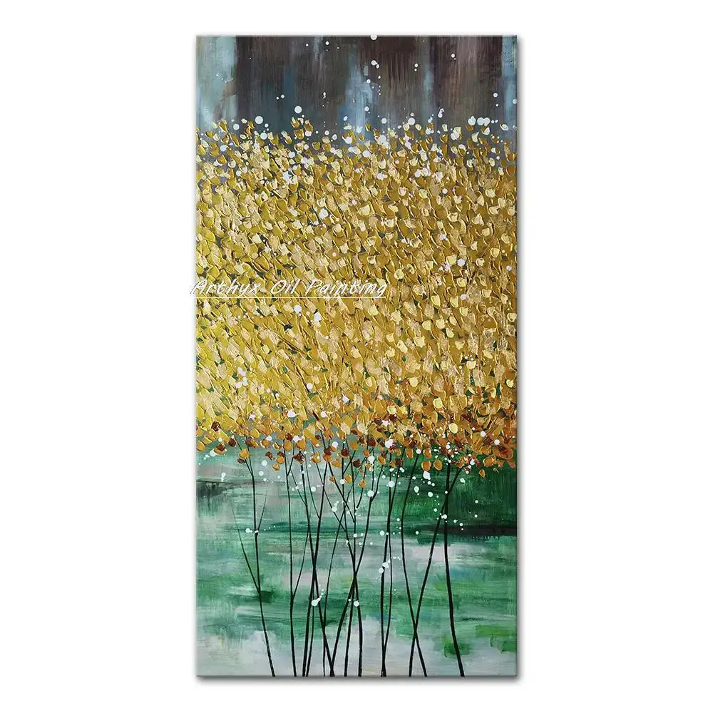 Vibrant autumn landscape oil painting poster with golden trees over a green field by Decorbites on Tampa Home & Garden Store
