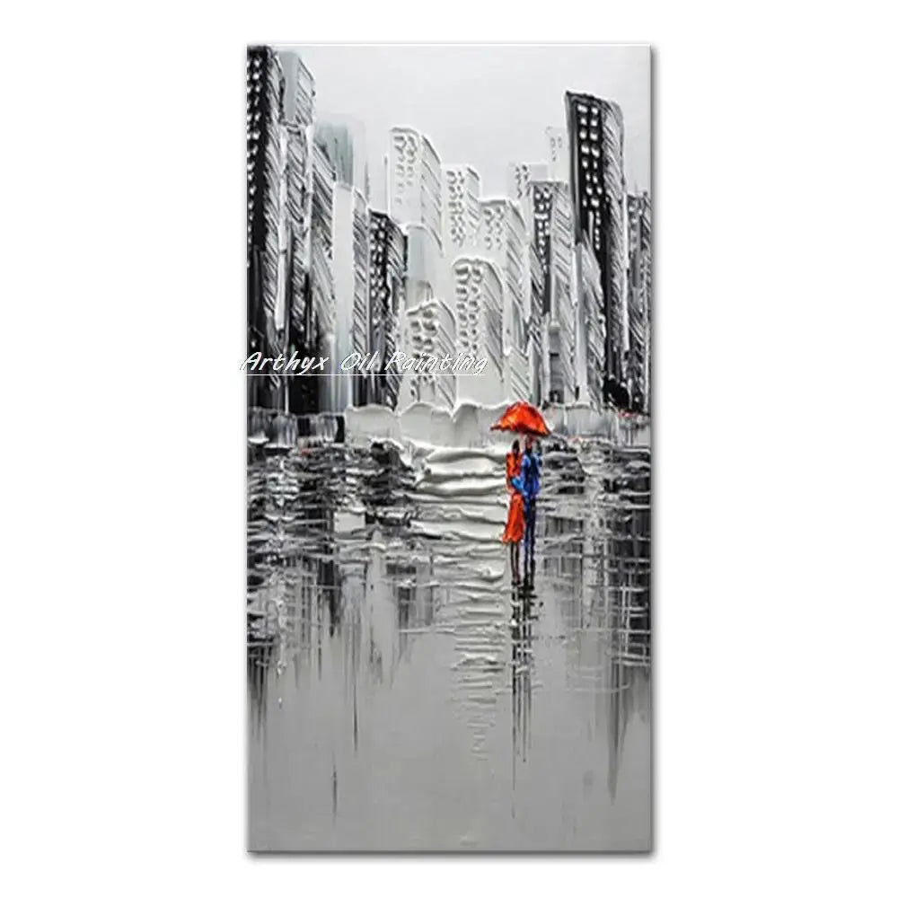Poster: vibrant city landscape oil painting in grayscale with a figure under a red umbrella on Tampa Home & Garden Store