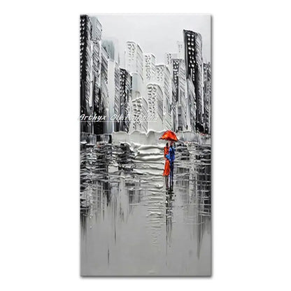 Poster: vibrant city landscape oil painting in grayscale with a figure under a red umbrella on Tampa Home & Garden Store