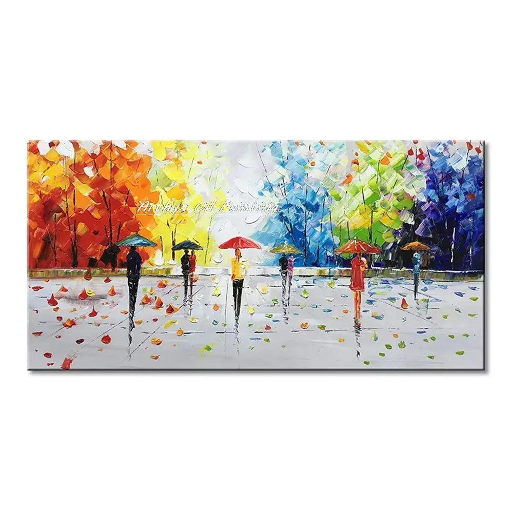 Poster Vibrant autumn city landscape oil painting with colorful trees and umbrellas by Decorbites on Tampa Home & Garden Store
