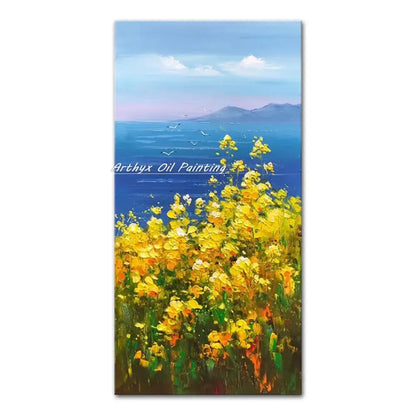 Posters Vibrant autumn landscape oil painting with yellow flowers and blue sea Decorbites on Tampa Home & Garden Store