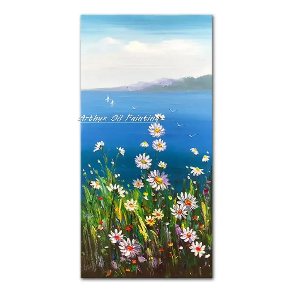 Poster Vibrant autumn landscape oil painting blue lake with daisies by Decorbites on Tampa Home & Garden Store