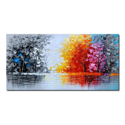 Vibrant autumn city landscape poster with grayscale left trees and bright center trees on Tampa Home & Garden Store
