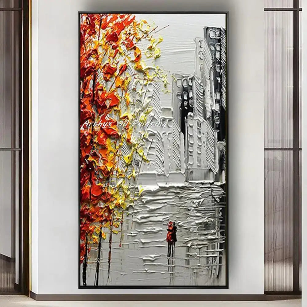 Vibrant autumn city landscape poster with colorful left-side trees and grayscale skyscrapers on Tampa Home & Garden Store