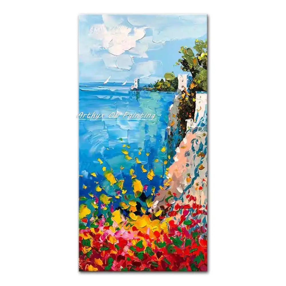 Vibrant autumn city landscape oil painting poster with blue sea and colorful foreground foliage on Tampa Home & Garden Store