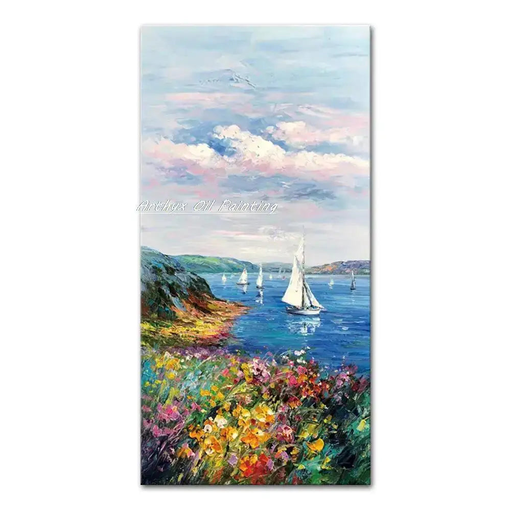Poster Decorbites Vibrant autumn city landscape oil painting with sailboats on blue water on Tampa Home & Garden Store