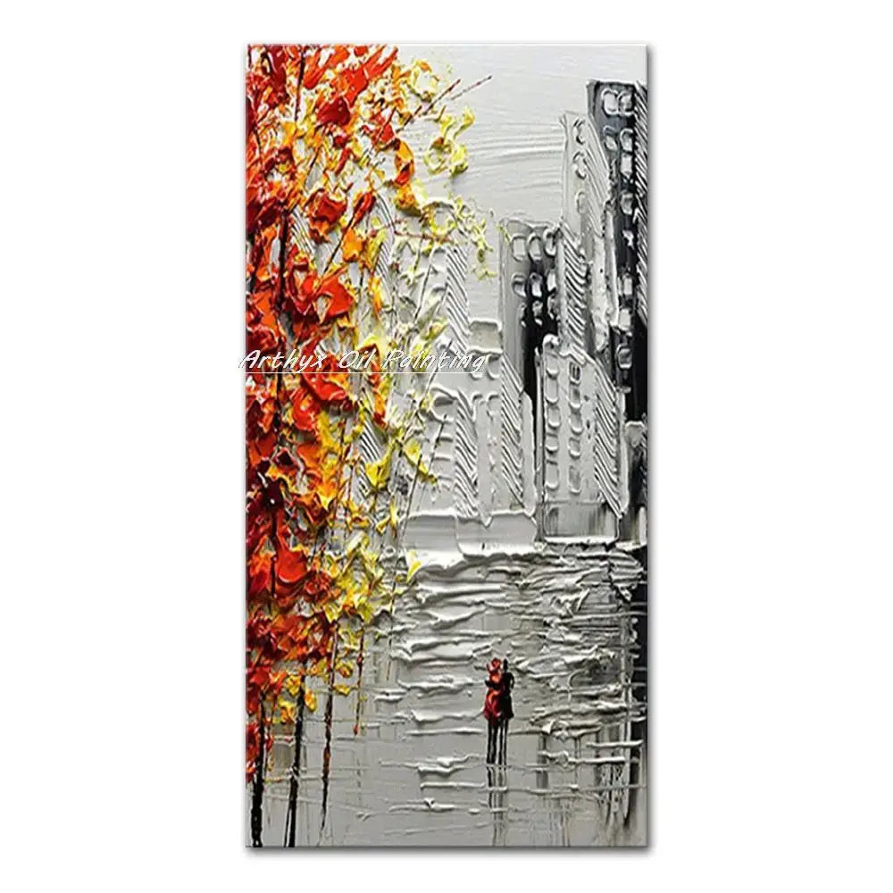 Vibrant autumn city landscape oil painting poster Decorbites with red-orange fall foliage on Tampa Home & Garden Store