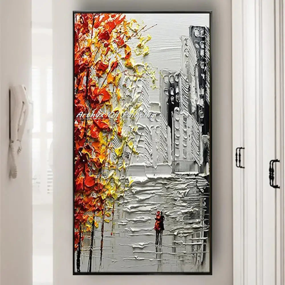 Vibrant autumn city oil painting poster with colorful leaves and cityscape by Decorbites on Tampa Home & Garden Store